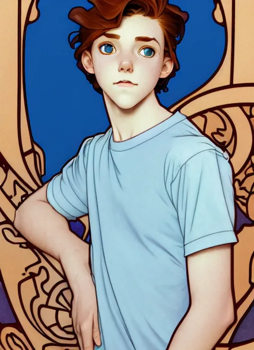 Prompt: art nouveau portrait of a teen boy with straight auburn hair, light blue eyes, pale skin, freckles, sad expression, t - shirt, modern casual clothing, natural lighting, path traced, highly detailed, high quality, cartoon, digital painting, by don bluth and ross tran and studio ghibli and alphonse mucha