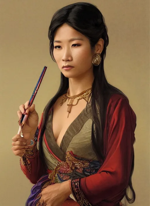 Prompt: a painting of a beautiful 35 year old Asian woman with tanned skin and traditional dress with long sleeves that cover one hand. She is holding a pen and her expression is stern and piecing. by Artgerm and Greg Rutkowski and Alphonse Mucha, dramatic studio lighting