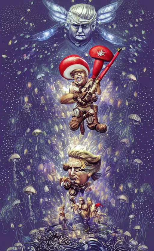 Prompt: donald trump stars in the sky fairies with detailed faces enchanted forest mushrooms on the ground psychedelic wide angle shot white background vector art illustration gears of war by frank frazetta