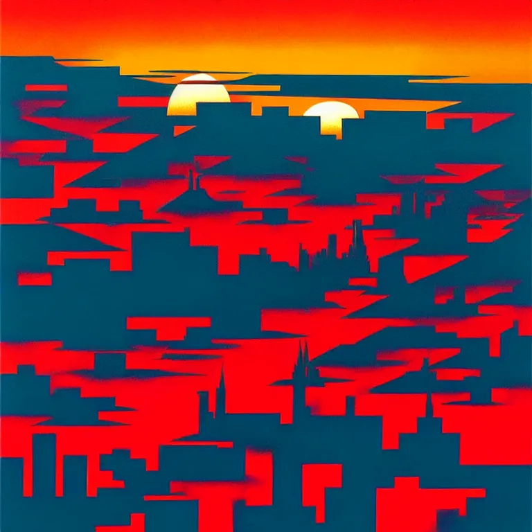 Image similar to birdseye view of a sunrise over a city, art by eyvind earle