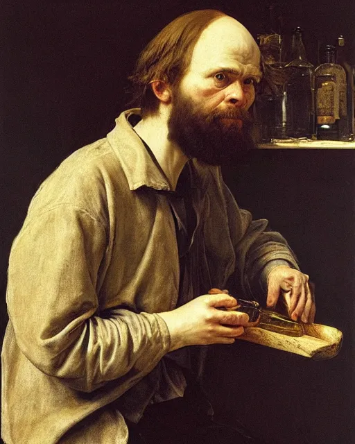 Image similar to dostoyevsky as an exhausted painter in his studio with a whiskey bottle by edgar maxence and caravaggio and michael whelan, intricate painting, hyper realistic, extremely detailed and beautiful aesthetic face, 8 k resolution