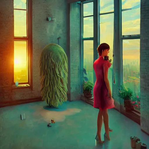 Image similar to giant daisy flower head, woman standing next to modern window in luxury loft, surreal photography, sunlight, impressionist painting, digital painting, artstation, simon stalenhag