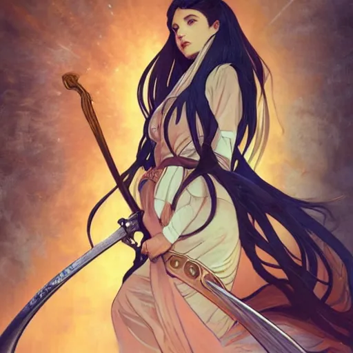 Image similar to portrait of a woman, long black hair, holding sword, in front of a sci fi cityscape, by makoto shinkai, alphonse mucha, masamune shirow, detailed, cinematic, wide angle, dark sepia toned shading, luminescent eyes, detailed face, expressive eyes, blue fire everywhere, trending on artstation.