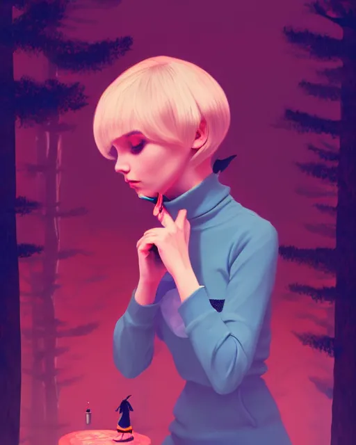 Prompt: digital illustration of pretty girl savrina with short blonde hair wearing a sweater, from alice in wonderland, smoking, in a wonderland forest at night, by ilya kuvshinov, lois van baarle, rossdraws, basquiat