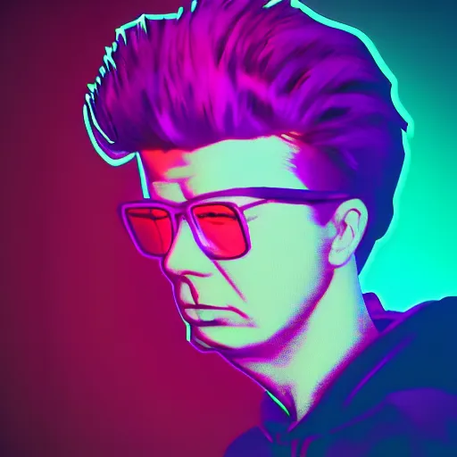 Image similar to vector rick astley in hoodie, portrait, vaporwave, synthwave, neon, vector graphics, cinematic, volumetric lighting, f 8 aperture, cinematic eastman 5 3 8 4 film