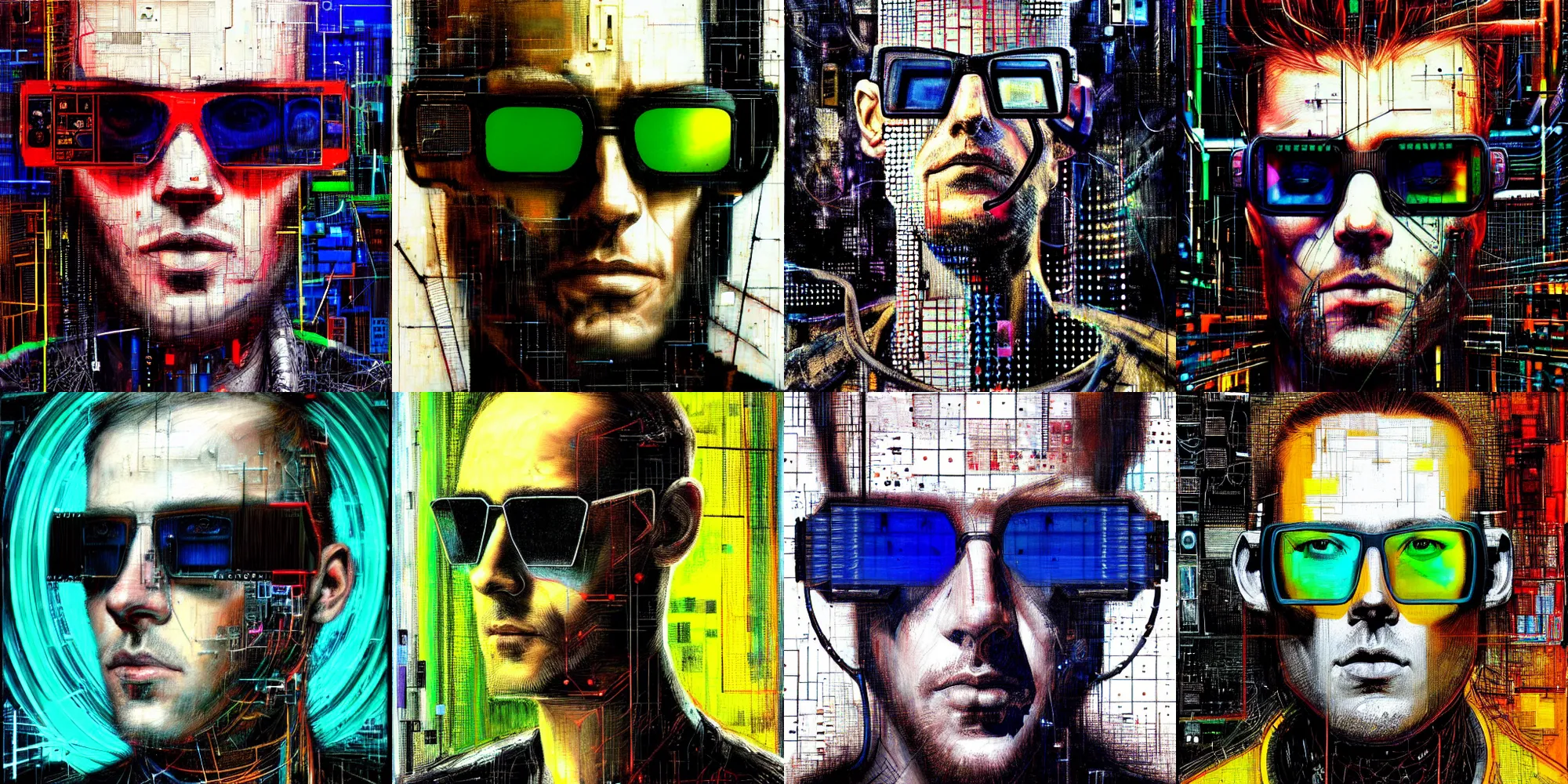 Prompt: hyperrealistic portrait of a cyberpunk man, by Guy Denning, Johannes Itten, Russ Mills, hacking effects, detailed lines, network, cybernetics, futurisitc sunglasses, cables, computation, technological, color blocking!, circuitry, digital, oil on canvas, insane detail, front view, symmetrical, octane, concept art, abstract, artistic, 8k, cinematic, trending on artstation