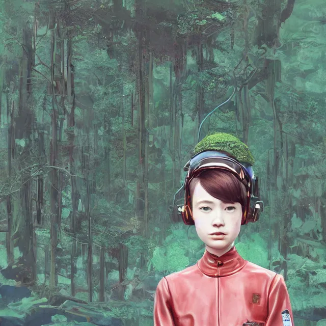 Image similar to portrait of alone androgynous girl wearing bakelite leather jacket, bakelite rocky mountains, moss green japanese haunted forest background, ultrafine hyperdetailed illustration by hsiao - ron cheng and artgerm, modular synthesizer 8 0 s sony stereo helmet backpack, the grand budapest hotel, glow, no crop, digital art, artstation, pop art