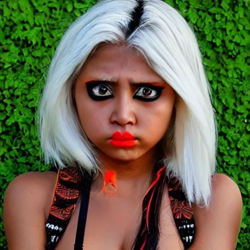 Image similar to hot tribal warrior cute girl big eyes pouty lips tanned skin white hair