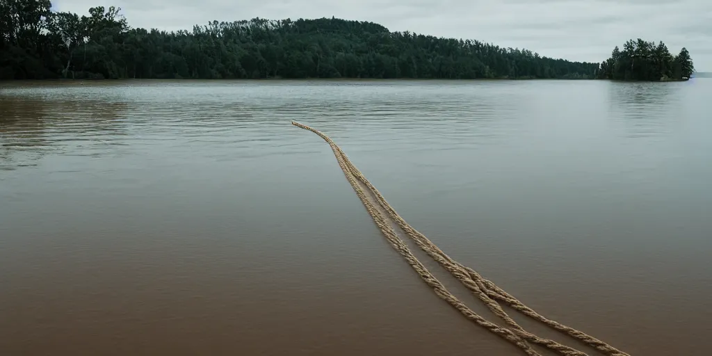 Prompt: centered photograph of a one single line of big thick long rope tan floating on the surface stretching out to the center of the lake, a dark lake sandy shore on a cloudy day, color film, trees in the background, hyper - detailed color photo, anamorphic lens