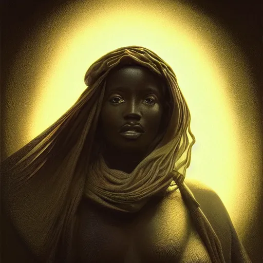 Image similar to Photorealistic ebony goddess in the style of Michael Whelan and Gustave Dore. Hyperdetailed photorealism, 108 megapixels, amazing depth, glowing rich colors, powerful imagery, psychedelic Overtones, 3D finalrender, 3d shading, cinematic lighting, artstation concept art