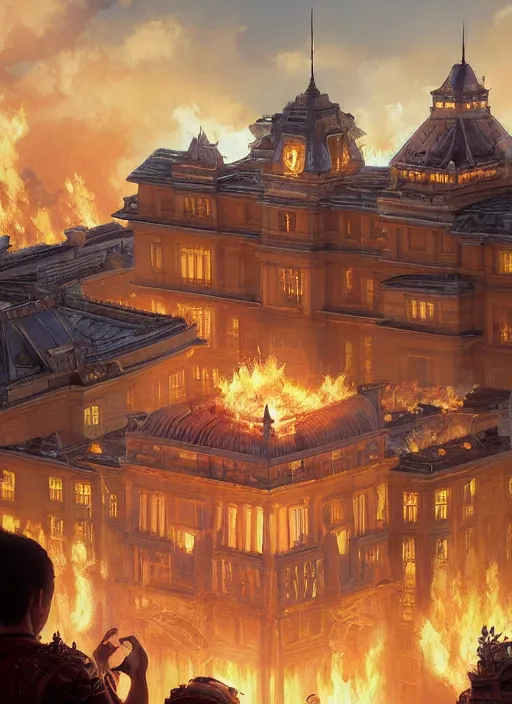 Image similar to highly detailed image of ferdinand marcos burning in malacanang palace, stephen bliss, unreal engine, fantasy art by greg rutkowski, loish, rhads, ferdinand knab, makoto shinkai and lois van baarle, ilya kuvshinov, rossdraws, tom bagshaw, alphonse mucha, global illumination, radiant light, detailed and intricate environment