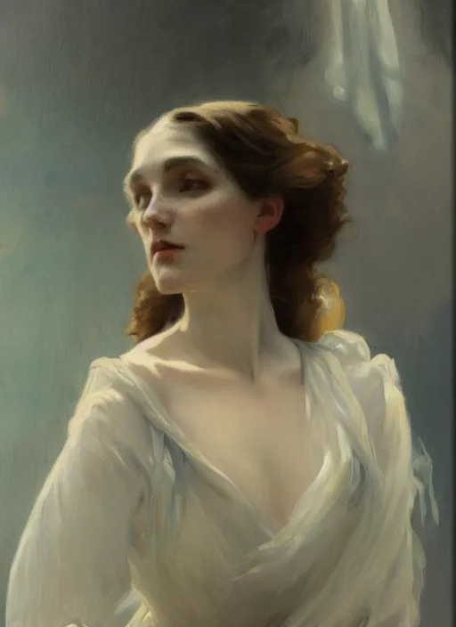 Image similar to an oil painting of a woman in a flowing white gown standing in a hazy, gloomy, dark room, art nouveau in the style of john singer sargent, greg rutkowski, maxfield parrish and alphonse mucha