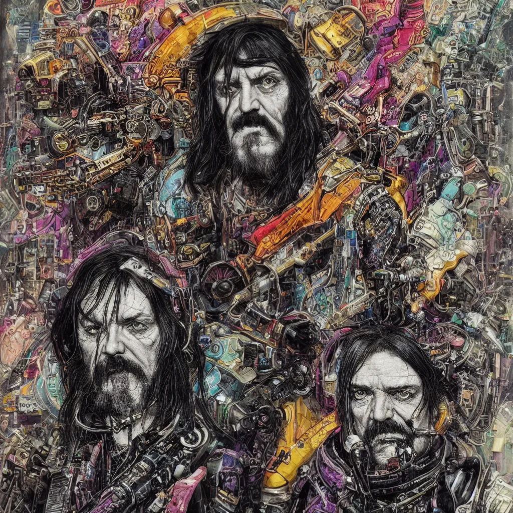 Image similar to A dramatic full-color cyberpunk art nouveau styled bust portrait of lemmy kilmister as a futuristic space punk rebel, hyperdetailed mixed media artwork combining the styles of Travis Charest, Michael Whelan, Bill Sienkiewicz, Duncan Fegredo, Simon Bisley, fineliner illustration, pen and ink drawing, vast power, stoicism, pessimism, confident shaded eyes, tarnished and rusted metal, wrought iron architecture, perfectly symmetrical facial features, 8k, deeply hyperdetailed, cinematic lighting, realistic mechanical details, 8k, UHD, HDR