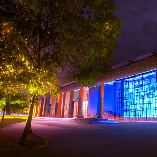 Image similar to Universidad del Quindio with neon lights at night with sky full of stars