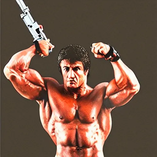 Prompt: advertising print 12 inch full body lifelike action figure of Sylvester Stallone as Rambo. Big muscles. Holding a fully automatic rifle