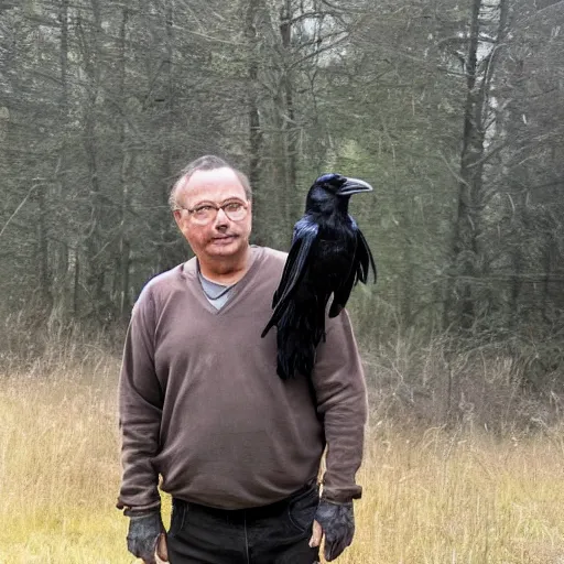 Prompt: a man with raven on his shoulder