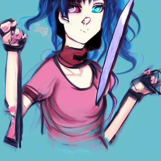 Prompt: concept art of a girl with teal, messy hair that has knives instead of hands, character design, by ross draws, anime style