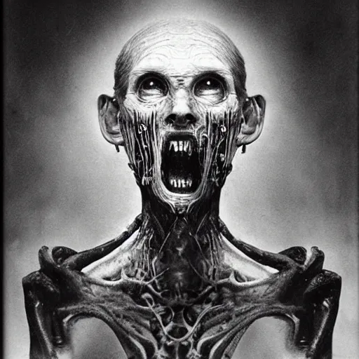 Image similar to a portrait of a creature from the beyond, body horror, by gerard brom and ansel adams