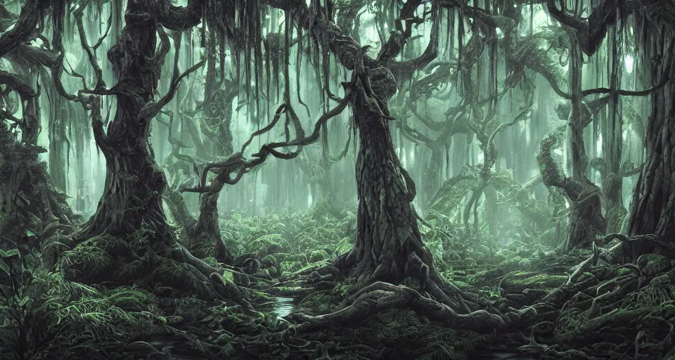 Prompt: A dense and dark enchanted forest with a swamp, from Magic the gathering