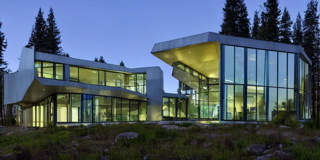 Image similar to large futuristic residence in Washington state, large windows, rectangular elements, concrete, blue and green metal