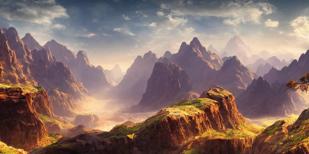 Image similar to beautiful matte painting of large mountains and canyons, fantasy