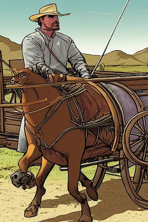 Image similar to a ( ( ( ( ( ( ( ( knight ) ) ) ) ) ) ) ) riding a wagon!!!!!!!!!!!!!! by greg darrow and greg rutowski, muted colors, detailed