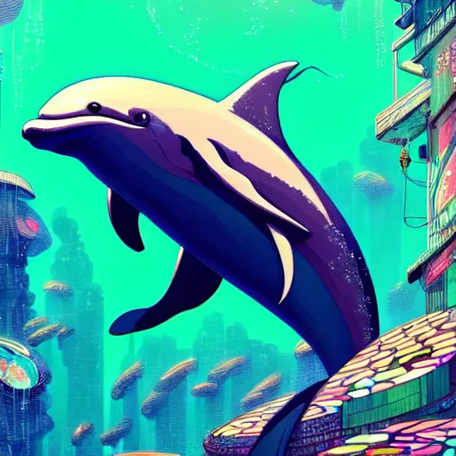 Image similar to a beautiful hyperdetailed character design 4 k wallpaper illustration of a cute dolphin, victo ngai cyberpunk style, from china, style of studio ghibli, makoto shinkai, raphael lacoste, louis comfort tiffany, artgerm, james jean, ross tran, chinese style