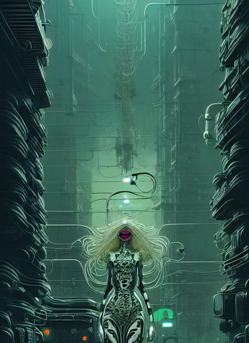 Image similar to highly detailed portrait of a biopunk long curly white hair tribal lady, stray wiring by atey ghailan, james gilleard, by joe fenton, by greg rutkowski, by greg tocchini, by kaethe butcher, 4 k resolution, gradient green, black and white color scheme!!! ( ( green caustic robotic dystopian city background ) )