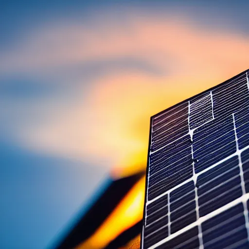 Image similar to highly detailed 3 5 mm macro macro photography of a solarpanel producing power at sunset, natural light