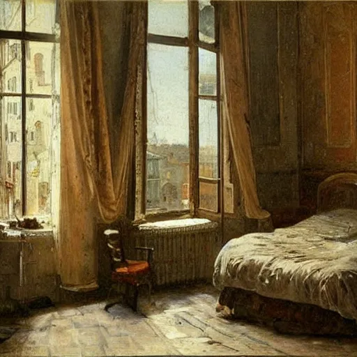 Image similar to very detailed interior of a building, bedroom of an artist in the style of Telemaco Signorini (1835–1901), Italian artist