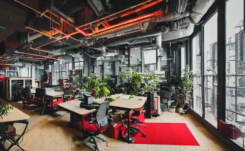 Image similar to maximalist interior of an office, pine wood, cyberpunk, japanese neon signs, retro futuristic, old brick walls, multiple desks, cupboards, rough wood, grey, anthracite, red, akihabara style, swedish style, green plants, window with a view of apartment blocks, 8K