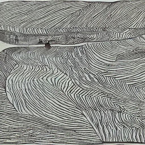 Image similar to umber by marjane satrapi angular. a river scene. the river is represented by a line winding through the center of the mixed mediart. the banks of the river are represented by two lines, one on each side.