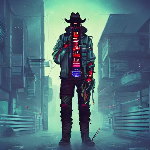 Prompt: album art of a cyberpunk undead cowboy