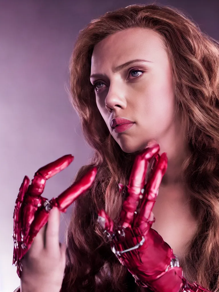 Image similar to scarlett johansson as the scarlet witch, studio lighting, photographic portrait, sigma 8 5 mm lens