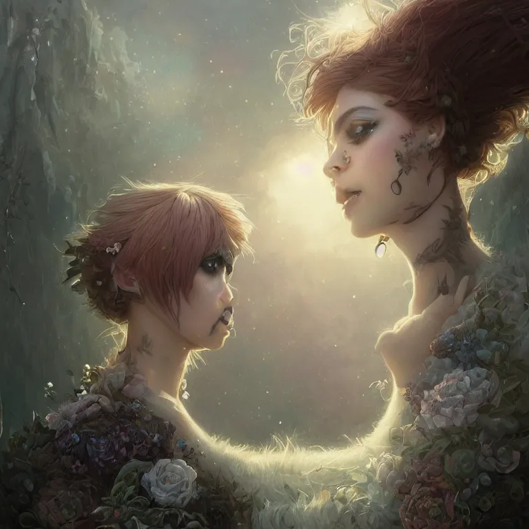 Image similar to highly detailed portrait of emo alpacas, eyeshadow, emo makeup, piercings, unreal engine, dark fantasy art by greg rutkowski, loish, rhads, ferdinand knab, makoto shinkai and lois van baarle, ilya kuvshinov, rossdraws, tom bagshaw, alphonse mucha, global illumination, radiant light, detailed and intricate environment