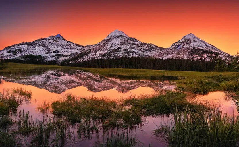 Prompt: professional photo of a snow topped mountain lit by the sunset, pond of lily, realistic