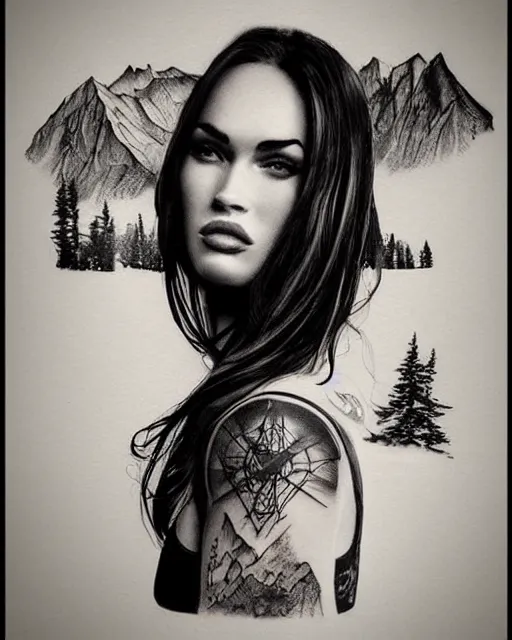 Prompt: megan fox face blended with beautiful mountain scenery in the style of dan mountford, tattoo sketch, double exposure, hyper realistic, amazing detail, black and white