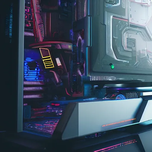 Image similar to cyberpunk gaming pc with rtx gpu, ultra detail, octane render