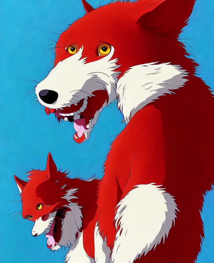 Prompt: beautiful painting from the anime film by studio ghibli, red anthropomorphic dog human hybrid wearing human clothes, drooling, fur, trending on artstation