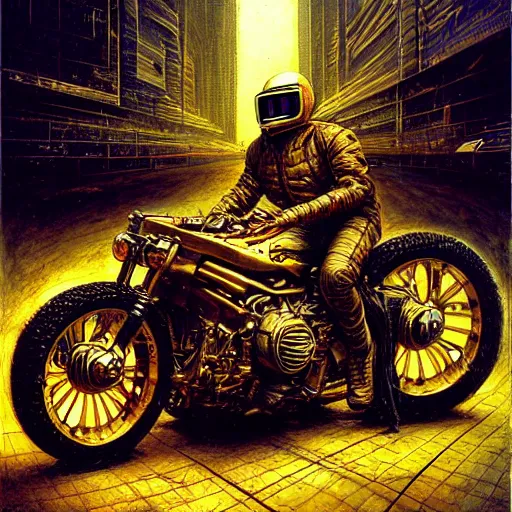 Prompt: cyberpunk motorbiker, atmospheric lighting, painted, intricate, golden hour, ultra detailed by peter gric, giger, enki bilal