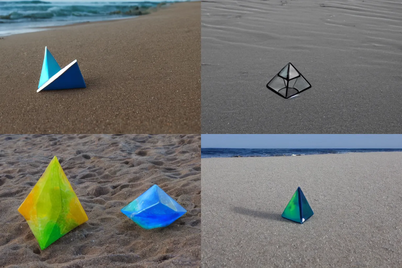 Prompt: octahedron of glass on a beach