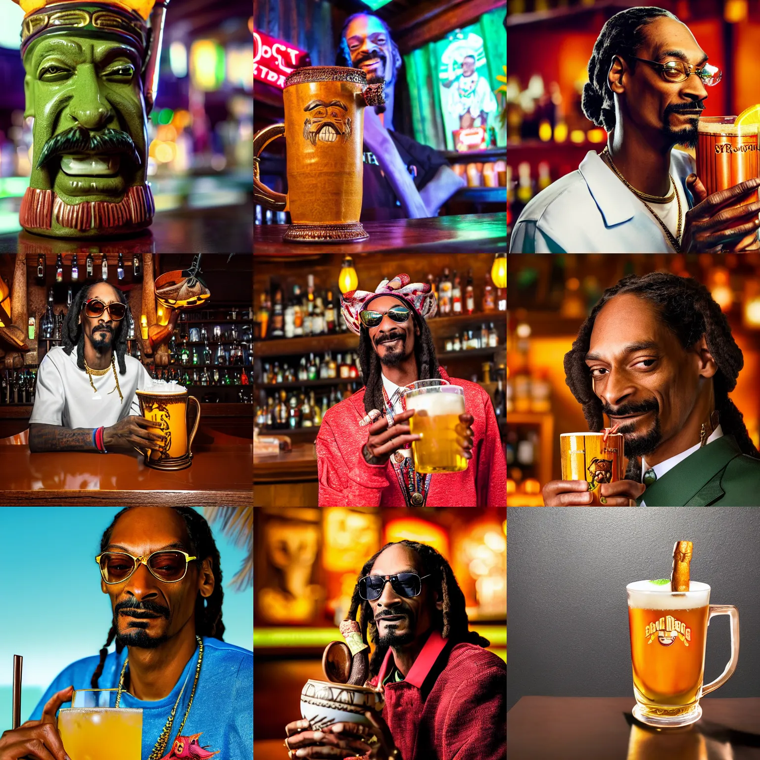 Image similar to a closeup photorealistic photograph of snoop dogg at trader vic's bar holding a tiki mug with his face on it. brightly lit scene. this 4 k hd image is trending on artstation, featured on behance, well - rendered, extra crisp, features intricate detail, epic composition and the style of unreal engine.