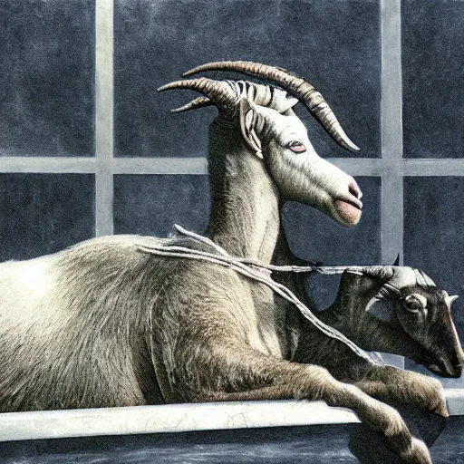 Image similar to wide angle of a nightmare goat in a swimming pool, highly detail, ultra realistic, art by hr giger, 4 k