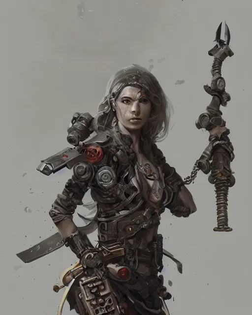 Image similar to hyper realistic portrait of postapocalyptic death cult monk cyborg girl with sword and shield, beads, gears, machineparts, cinematic, artstation, cgsociety, greg rutkowski, james gurney, mignola, craig mullins, brom vray, redshift, octane