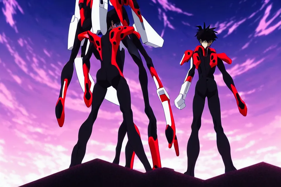 Prompt: anime illustration of black detailed evangelion eva - 0 1 standing menacingly behind ikari shinji copying his pose, cinematic lighting, evangelion anime poster, rebuild of evangelion 1 0 8 0 p, 9 0 s anime aesthetic, volumetric lights, rule of thirds, unreal engine render, pinterest wallpaper, trending on artstation