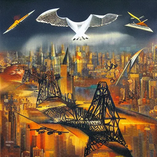 Image similar to a mechanical bird flies over a progressively rasterized digital neon city, oil on canvas by dave mckean and ivan shishkin