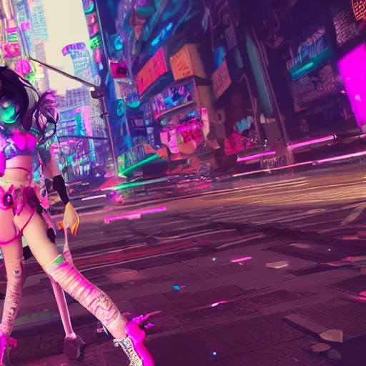 Image similar to a girl like (jinx, Princess peach), dancing, background cyberpunk city, kpop, fullshot, photo, raytrayced, octane render,volumetric lighting, epic composition, intricate details, dark neon punk, by KDA