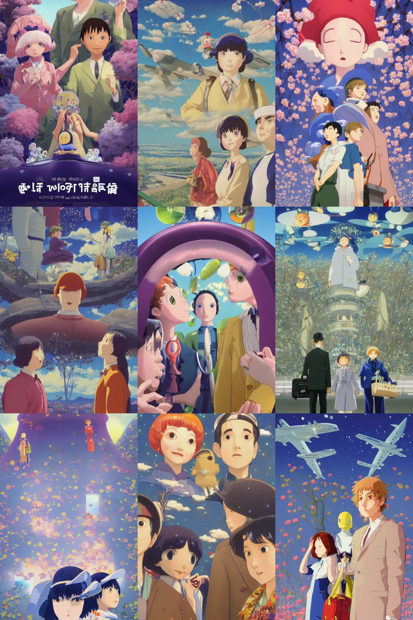 Prompt: a beautiful time at a airport baggage claim solving mysteries, Klaus Movie Twin Peeks poster, artwork by Chiho Aoshima, Donato Giancola, a Rendering illustration of a cinematic beautiful closeup moment of three friends standing facing toward their love, full of details, full view, Matte painting, trending on artstation, Mamoru hosoda