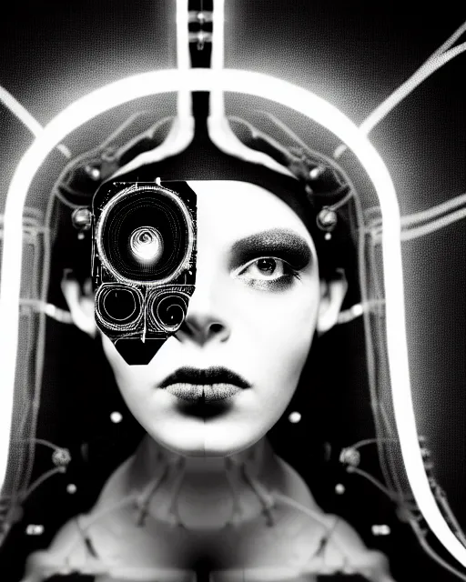 Image similar to black and white young cyborg - plant goddess high quality photo, microchip, artificial intelligence, bio - mechanical bio - luminescence, black wired cables, cinematic, rim light, photo - realistic, 8 k, in the style of steven meisel and dora maar and h. g. giger