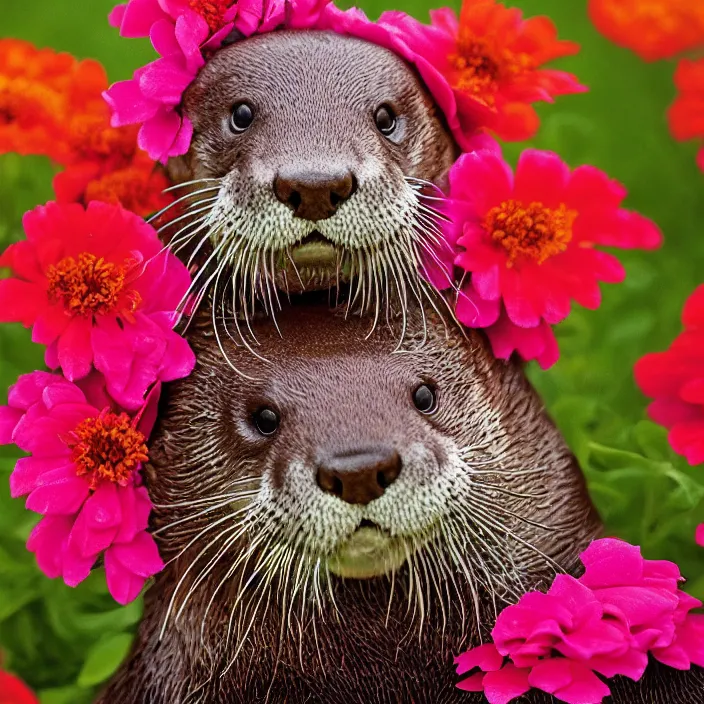 Image similar to closeup portrait of an otter wearing a hooded cloak and crown made of zinnias and rainbows, in an empty field, by Annie Leibovitz and Steve McCurry, natural light, detailed face, CANON Eos C300, ƒ1.8, 35mm, 8K, medium-format print